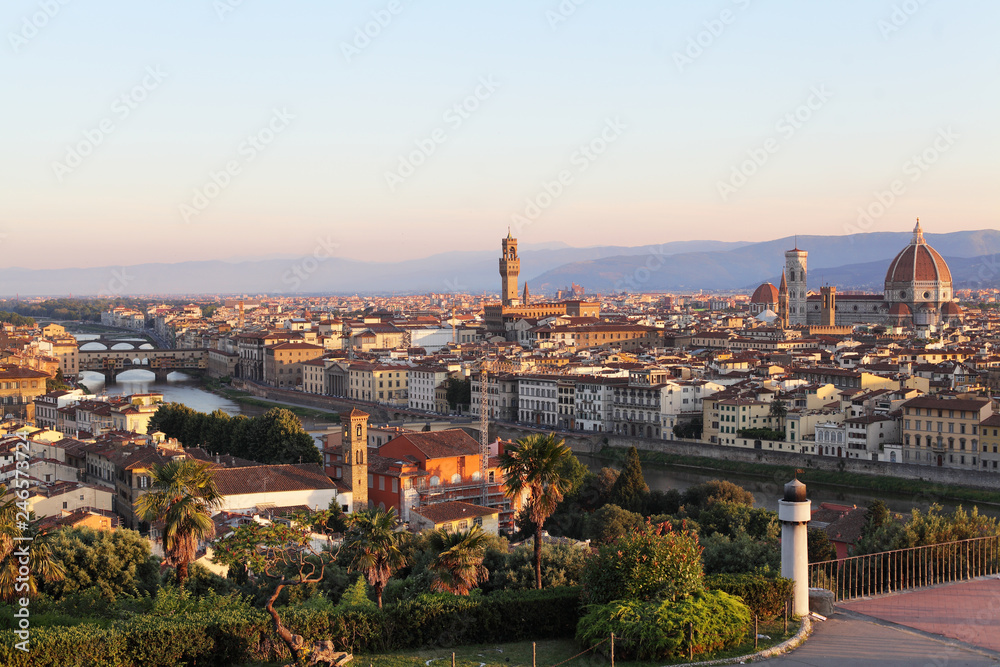 Dawn in Florence, Italy. Cityscape skyline of Florence with Duomo, Basilica di Santa Maria del Fiore and the bridges. Firenze landmarks