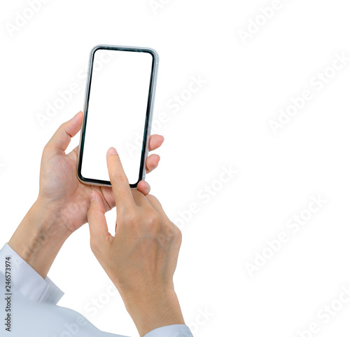 Woman's hand holding and using smartphone. Closeup hand touching smartphone with blank screen isolated on white background and copy space for text. Mobile phone with blank screen. Online marketing.