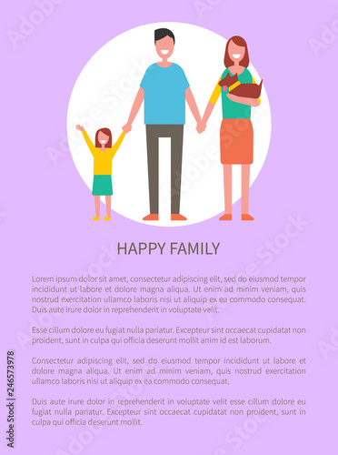 Happy family vector poster with parents, pretty daughter and dog pet. Relatives mother, father and girl isolated in circle. Love and relationship concept