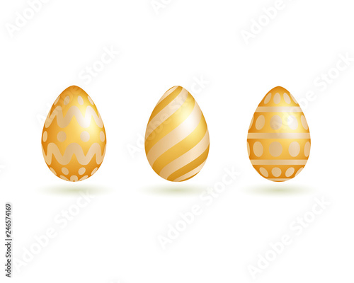 Set of easter golden eggs with different patterns set isolated on white background. Vector illustration.