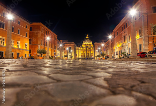 night scene in Vatican view of pavement and San Pietro Cupola 