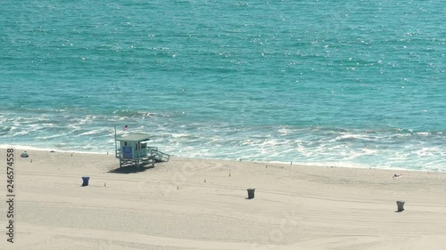 Santa Monica Beach lifeguard house in front of the sea