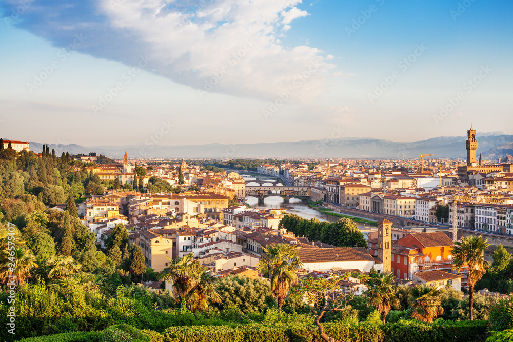 Panorama of Florence Italy. Firenze landmarks. Skyline Florence with sky, architecture and stone bridge Ponte Vecchio over the river Arno.