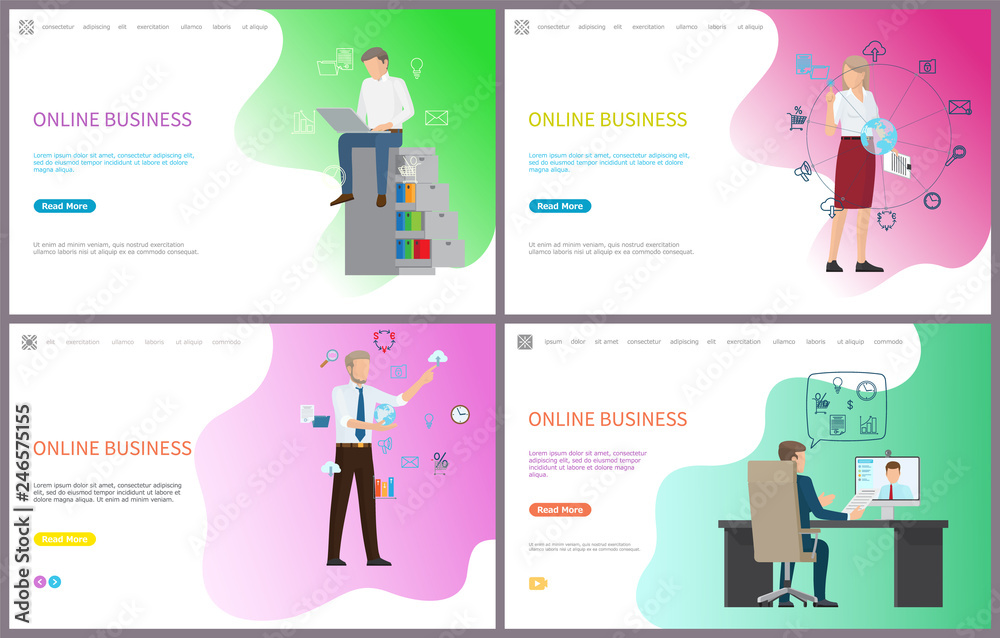 Online business, working male with laptop, searching for information vector. Woman interacting with digital world, charts and analysis of results Online business, working male with laptop, searching for information vector. Woman interacting with digital world, charts and analysis of results