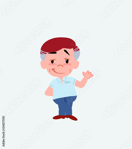 Businessman in casual style waving with a dreamy expression.