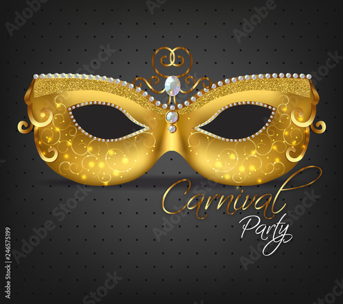 Golden ornamented mask Vector realistic. Stylish Masquerade Party. Mardi Gras card invitation. Night Party Poster. Dance Flyer. Musical festival banner templates