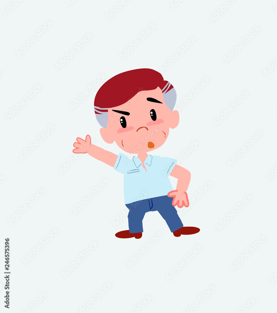 Businessman in casual style something angry shows something to his right. Businessman in casual style something angry shows something to his right.