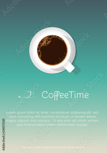 Retro style coffee cup poster. Blue sky background. Text placeholder. Template for coffee shop or menu.