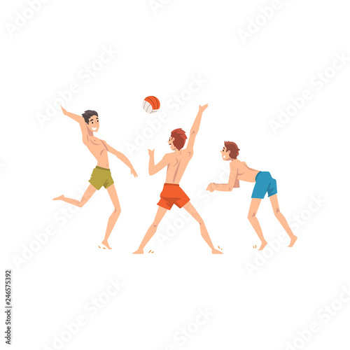 Men Dressed in Shorts Playing Beach Volleyball  Male Best Friends Spending Good Time Together  Friendship Vector Illustration