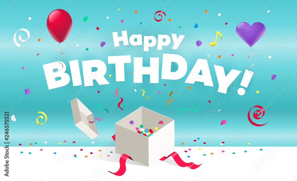 Happy birthday card template with gift, colorful balloons and ribbons. Vector illustration with transparent shadows. Happy birthday card template with gift, colorful balloons and ribbons. Vector illustration with transparent shadows.