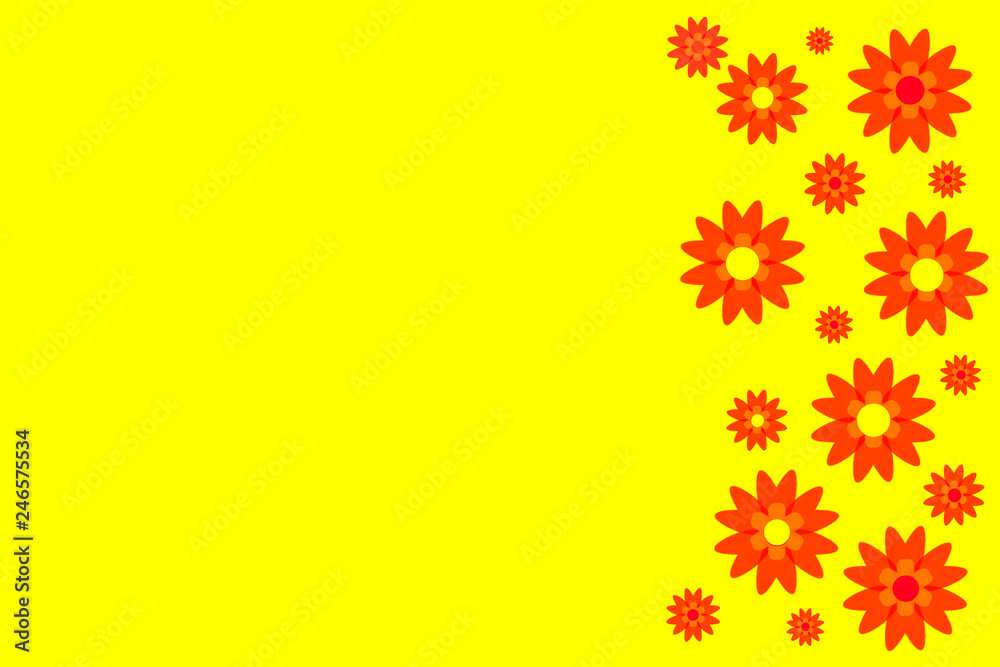 Red flowers on a bright yellow background, greeting card, copy space for text or design. Red flowers on a bright yellow background, greeting card, copy space for text or design.