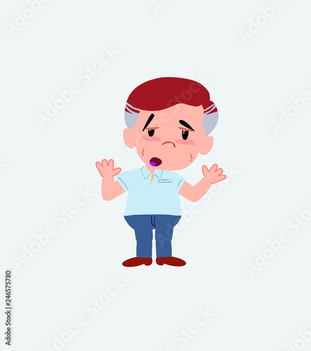 Businessman in casual style makes a gesture of tired resignation.