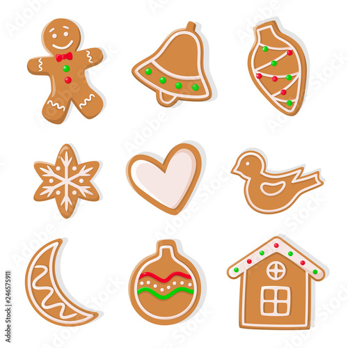 Gingerbread cookies, man and bells hearts isolated icons set vector. Bauble in form of cone, moon and ball, house and heart, birdie ginger biscuit