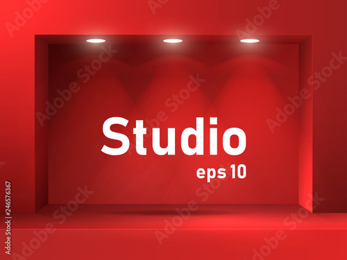 Empty red studio space with square lighted arch and groove. Free space for product presentation. Vector illustration.