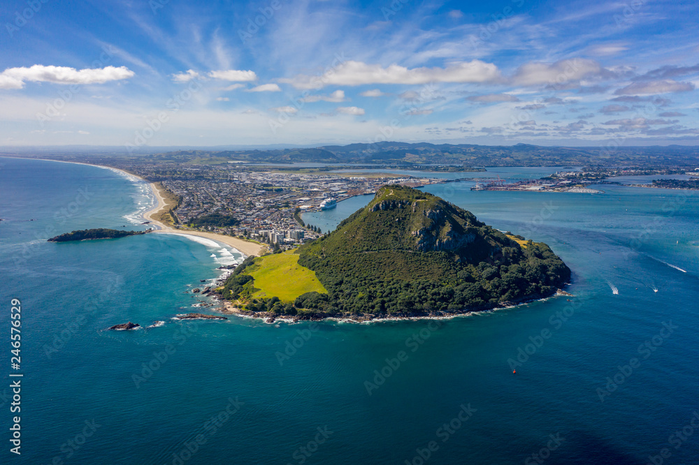 Wide view of Mt Maunganui in Tauranga, New Zealand. Wide aerial view with copy space