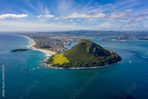 Wide view of Mt Maunganui in Tauranga, New Zealand. Wide aerial view with copy space photo