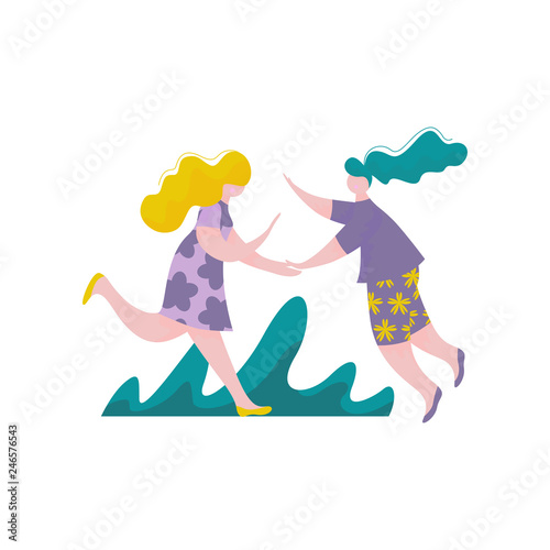 Two Happy Beautiful Girls Giving High Five to Each Other, Female Characters Having Fun, Human Interaction, Friendship, Teamwork, Cooperation Vector Illustration
