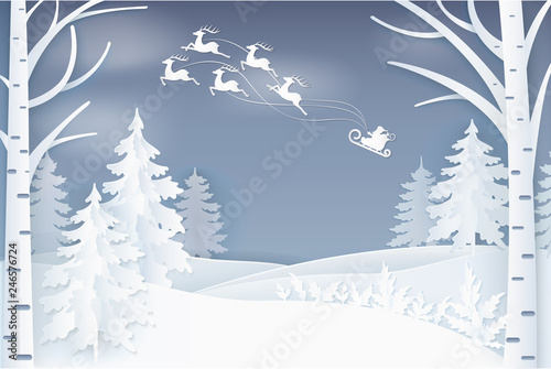 Reindeers flying at sky pulling sledges of Santa Claus vector. Winter holidays Christmas celebration midnight deer animal with sledges pine and birches, paper art and craft style