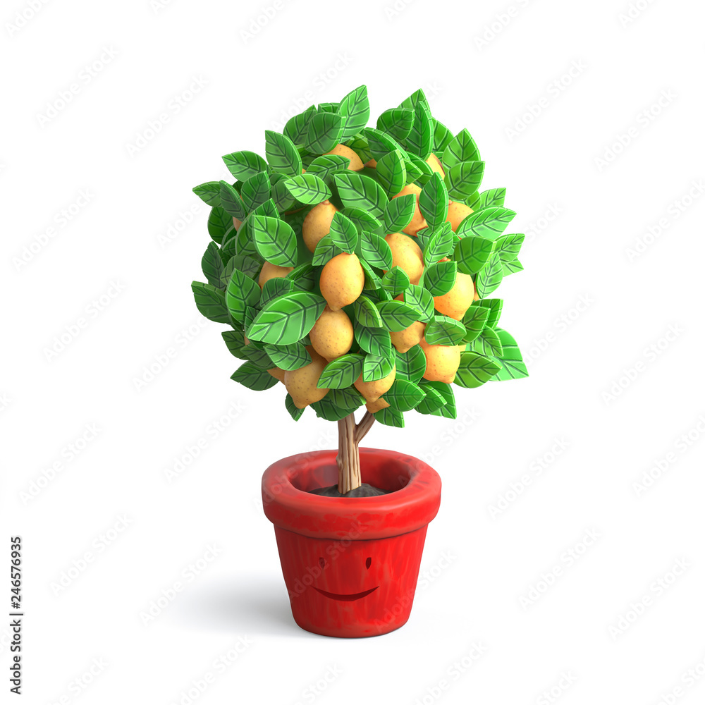 Small lemon tree in a pot. Stylized cartoon lemon tree with green foliage and large yellow lemons. Cute cartoon house plant in a red flower pot with a smiling face. 3D rendering on a white background.