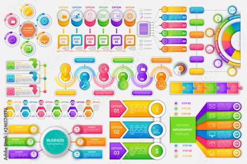 Infographics and infocharts financial strategy set of icons vector. Circles steps and options wallet with money finance idea schemes visualization info chart, graphic flat style