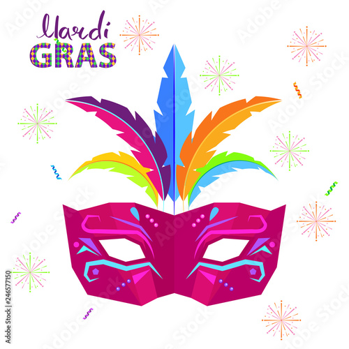 Magri gras carnival concept with mask decorated colorful feathers flat vector isolated on white background. Masquerade clothing attribute illustration for costumed party or festival invitation, banner