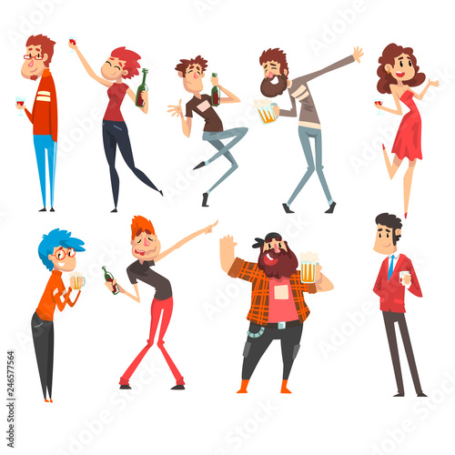 Smiling Drunk People Set, Boozy Men and Women Walking Tipsy with Alcohol Drink Bottles and Glasses in Their Hands Vector Illustration