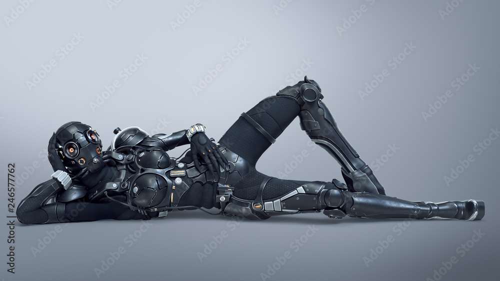 Science fiction cyborg female lies on her back and bends one knee. Cyborg girl lying in a seductive and attractive pose. Young Girl in a futuristic black armor suit. 3D rendering on gray background. Science fiction cyborg female lies on her back and bends one knee. Cyborg girl lying in a seductive and attractive pose. Young Girl in a futuristic black armor suit. 3D rendering on gray background.