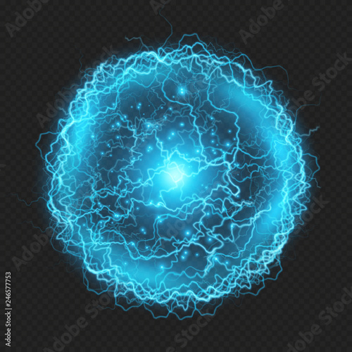 Realistic powerful electrical discharge lightning strike impact sphere effect on transparent background. EPS 10