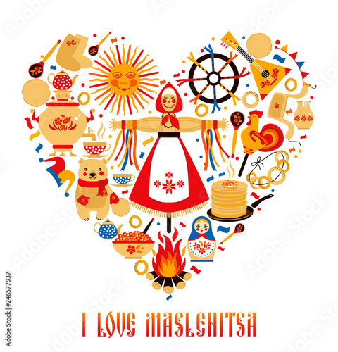Vector set on the theme of the Russian holiday Carnival. Russian translation I love Shrovetide or Maslenitsa.