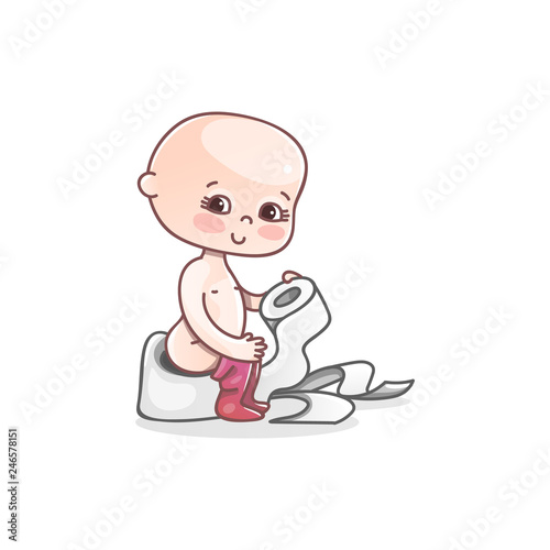 The baby is sitting on the pot. Toilet baby. Vector illustration in cute cartoon style.
