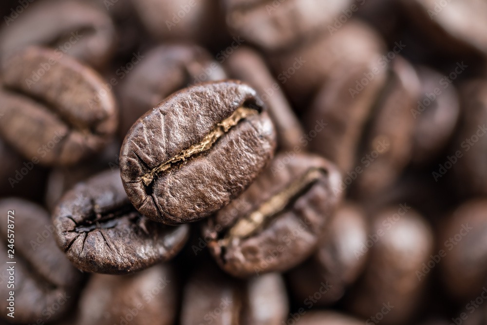 Fototapeta premium Three roasted coffee beans close up. Blurred coffee bean background. Top view.