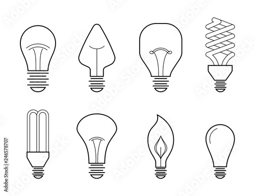 Vector line illustration of main electric lighting types  incandescent light bulb  halogen lamp  cfl and led lamp. Flat icon collection.