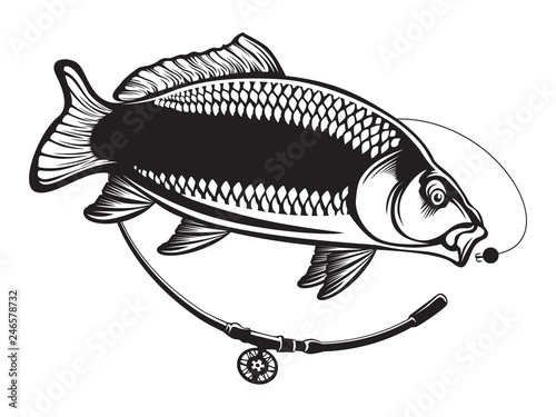 Vector illustration of carpio fish with fishing rod. Vector illustration can be used for creating logo and emblem for fishing clubs, prints, web and other crafts..