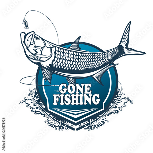 Tarpon fishing emblem. Black and white illustration of tarpon. Vector can be used for web design, cards, logos and other design