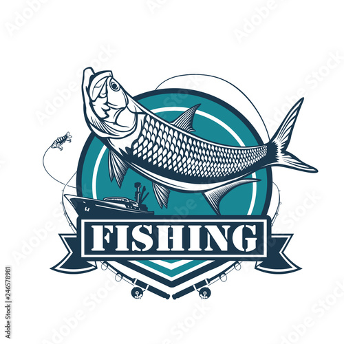 Tarpon fishing emblem. Black and white illustration of tarpon. Vector can be used for web design, cards, logos and other design