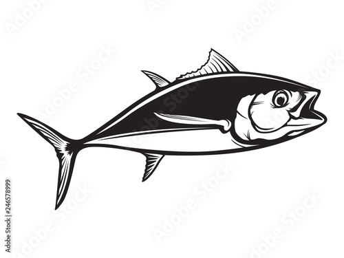 Tuna big fishing logo illustration. Tuna fish fishing vector emblem. Blue fin fish marine theme. Angry fish.