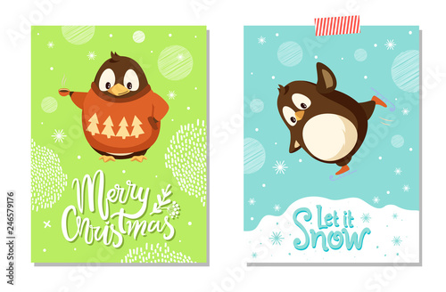 Merry Christmas greeting card, penguin in sweater with coffee cup on skates. Skating bird, hot drink or tea, winter holiday celebration, snowflakes vector