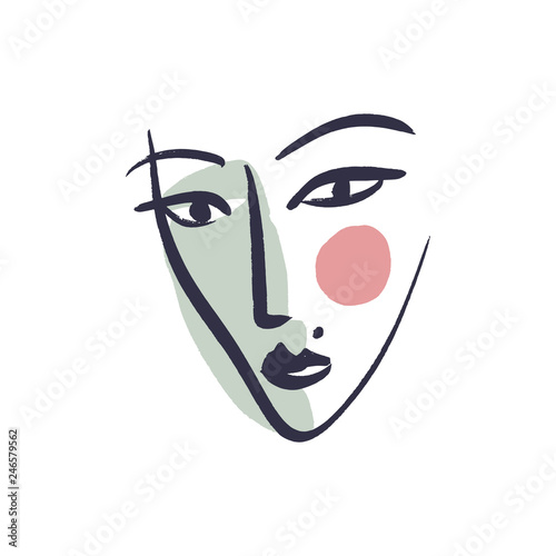 Vector simple hand drawn black and white trendy line portrait art. Colored print for clothes, textile and other. EPS