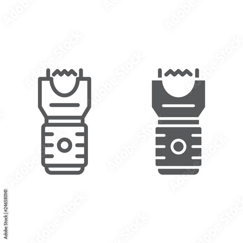 Electroshock weapon line and glyph icon, protection and security, firearm sign, vector graphics, a linear pattern on a white background.