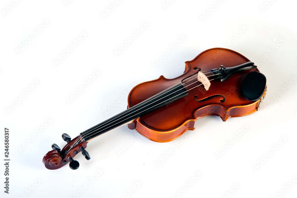 Fototapeta premium Violin front view isolated on white.Violin isolated on white background, a symbol of classical music. Close up of a violin on white background.