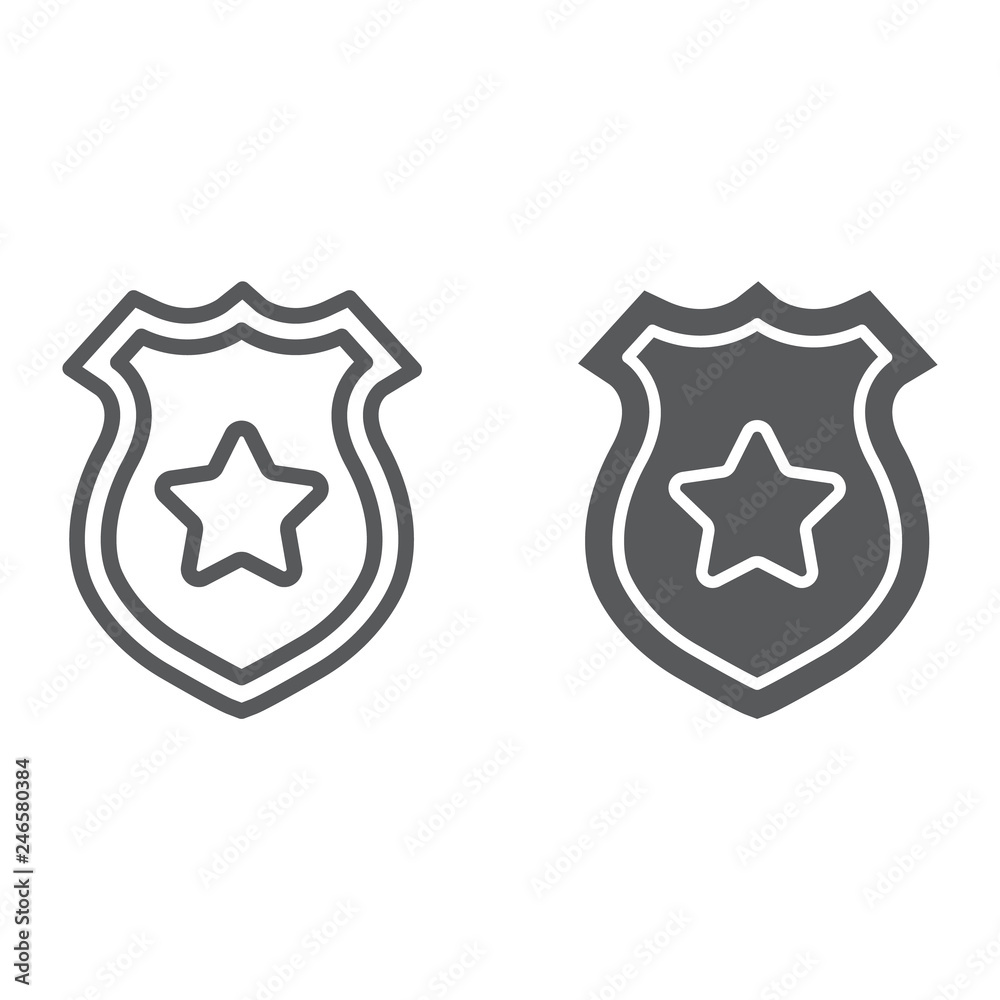 Police badge line and glyph icon, police and sheriff, officer badge sign, vector graphics, a linear pattern on a white background. Police badge line and glyph icon, police and sheriff, officer badge sign, vector graphics, a linear pattern on a white background.