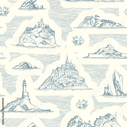 Vector abstract seamless background on the theme of travel, adventure and discovery. Old hand drawn map with islands, lighthouses and sailboats in retro style