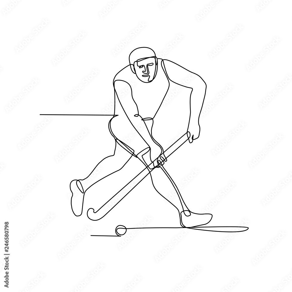 Continuous line illustration of a field hockey player with hockey stick running about to hit