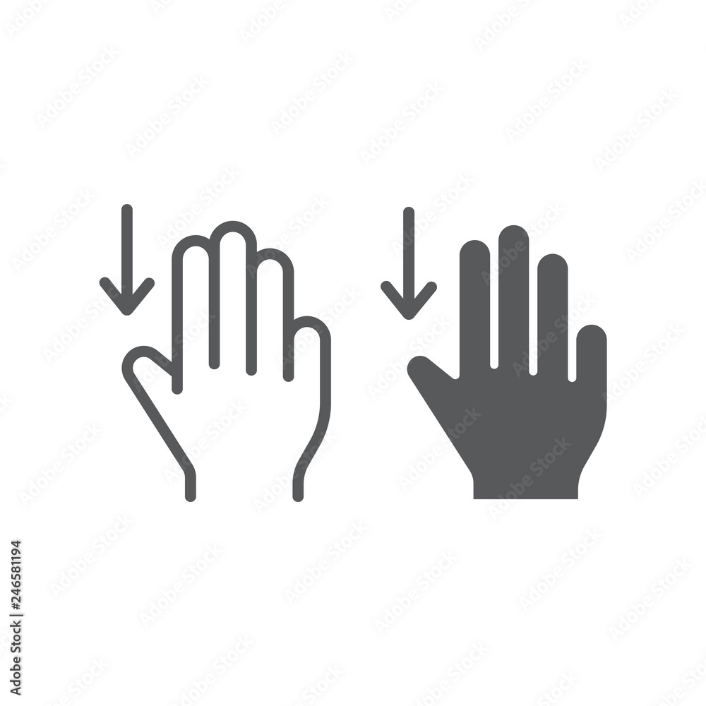 Three fingers drag down line and glyph icon, gesture and hand, scroll down sign, vector graphics, a linear pattern on a white background. Three fingers drag down line and glyph icon, gesture and hand, scroll down sign, vector graphics, a linear pattern on a white background.