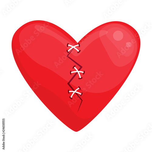 Broken red heart sewn with thread