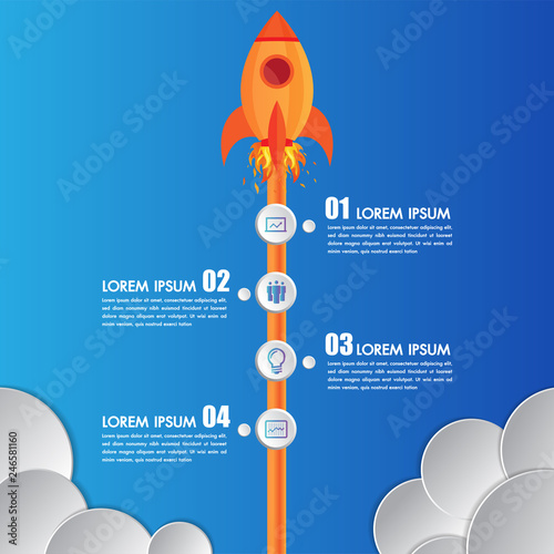 Infographics design template rocket or spaceship launches through the clouds with icons flying up 4 options elements arranged in vertical row and year indication.Concept of four annual steps.