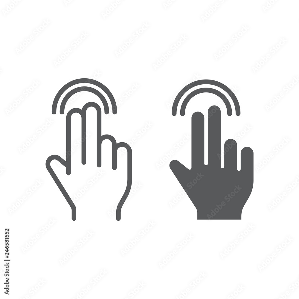 Two finger double tap line and glyph icon, gesture and hand, touch sign, vector graphics, a linear pattern on a white background. Two finger double tap line and glyph icon, gesture and hand, touch sign, vector graphics, a linear pattern on a white background.