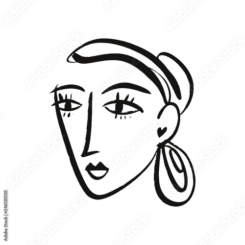 Vector simple hand drawn black and white trendy line portrait art. Monochrome print for clothes, textile and other. EPS