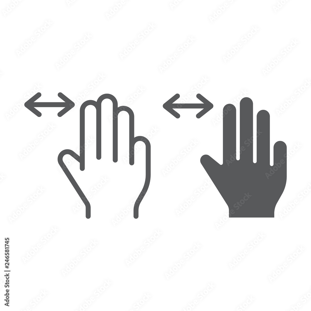 Three fingers horizontal scroll line and glyph icon, gesture and hand, flick sign, vector graphics, a linear pattern on a white background. Three fingers horizontal scroll line and glyph icon, gesture and hand, flick sign, vector graphics, a linear pattern on a white background.