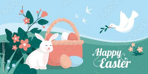 Easter card with bunny, eggs and dove